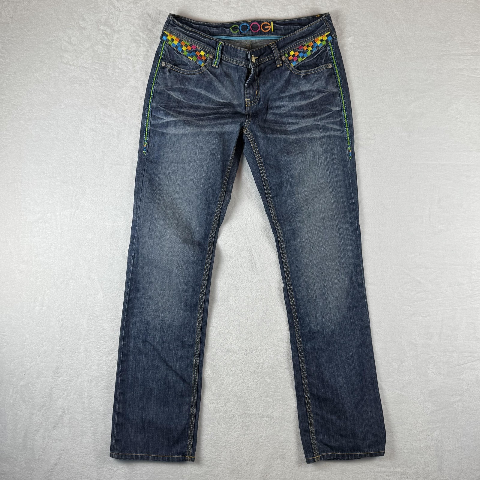 Coogi Jeans Womens 11/12 Medium Wash Embroidered Rainbow Pocket Straight Denim